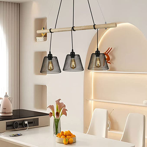 Industrielle Vintage-Leuchte mit 3 Lichtern, hängender Holz-Kronleuchter im Industriedesign, industrieller Wohnzimmer-Kronleuchter mit E27-Fassung, Hängelampe aus Stahl für das Esszimmer