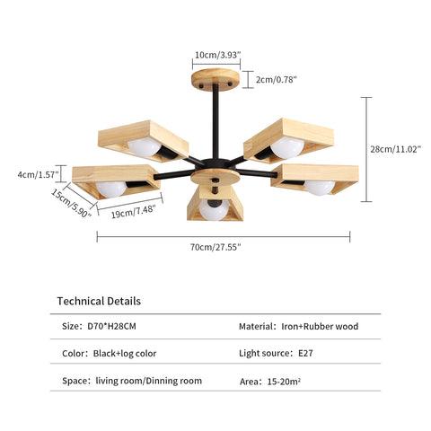 Holz-Pendelleuchte, Wohnzimmer-Kronleuchter-Lampen-Befestigung für Innenbeleuchtung, Holz-Fünf-Lichter, geometrische Pendelleuchten für 5 E27-Glühbirnen (ohne Glühbirne) 