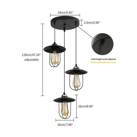 Industrie Kronleuchter, Vintage 3-flammige Pendelleuchte im Industrial Design, Retro Hängelampe mit 3 Metallkäfigen, Farbe: Schwarz, Fassung: E27, 3-flammig