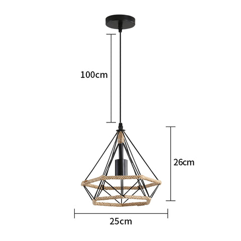 Hanfseil-Käfig-Deckenlampe, industrieller hängender Kronleuchter 25cm Diamant-Form-Hanf-Seil