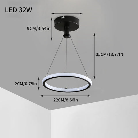 Moderne LED-Ring-Pendelleuchte 32W Moderne LED-Esstisch-Pendelleuchte Acryl-LED-Kronleuchter, 220V, 22CM LED-Kronleuchter-Deckenleuchte für Wohnzimmer, Esszimmer, Flur, Café, Bartheke, Schwarz 