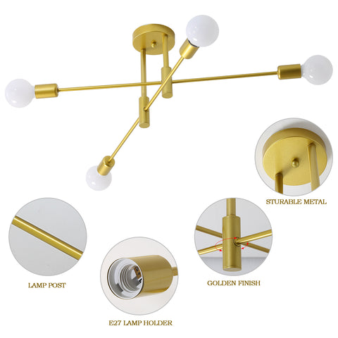 Industrielle Deckenleuchte Retro Deckenleuchte Golden 4-flammig E27 Metall Moderne LED Kronleuchter für Schlafzimmer, Wohnzimmer, Küche, Büro, Café, Restaurant