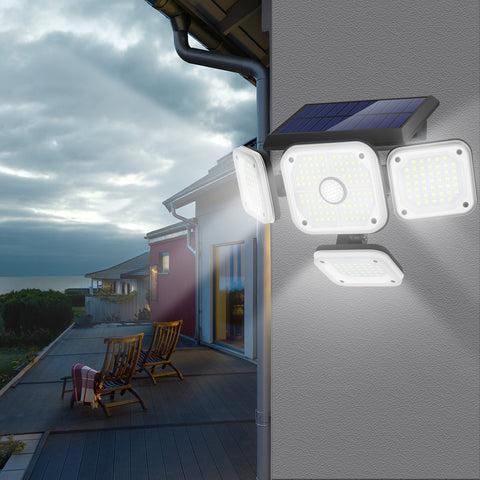 Solarlampe für den Außenbereich, Bewegungsmelder, 4 Köpfe, 231 LEDs, Solarleuchte für den Außenbereich, mit Fernbedienung, IP65, wasserdichte Solar-Außenbeleuchtung, 3 Spot-Modi, LED-Solarprojektor, Garten, Kaltweiß