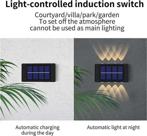 Solar-Wandleuchte für den Außenbereich, 2 Stück, warmweiße LED-Wandleuchte 3000 K, für Hof, Garten, Korridor, Terrasse, nahe Wand, Weg, Terrasse, Villa, Schwarz 