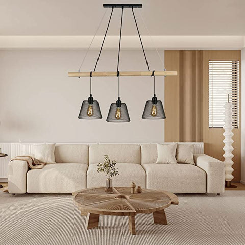 Industrielle Vintage-Leuchte mit 3 Lichtern, hängender Holz-Kronleuchter im Industriedesign, industrieller Wohnzimmer-Kronleuchter mit E27-Fassung, Hängelampe aus Stahl für das Esszimmer