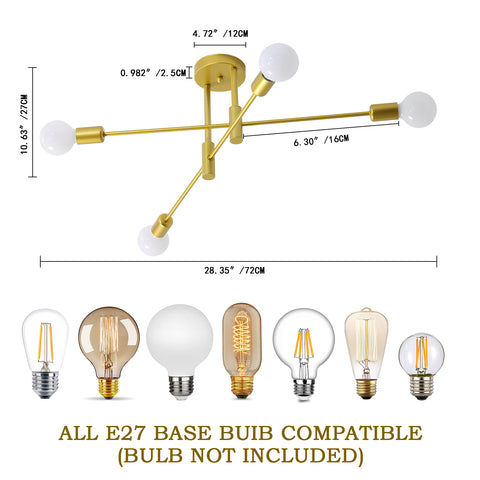 Industrielle Deckenleuchte Retro Deckenleuchte Golden 4-flammig E27 Metall Moderne LED Kronleuchter für Schlafzimmer, Wohnzimmer, Küche, Büro, Café, Restaurant