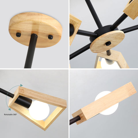 Holz-Pendelleuchte, Wohnzimmer-Kronleuchter-Lampen-Befestigung für Innenbeleuchtung, Holz-Fünf-Lichter, geometrische Pendelleuchten für 5 E27-Glühbirnen (ohne Glühbirne) 
