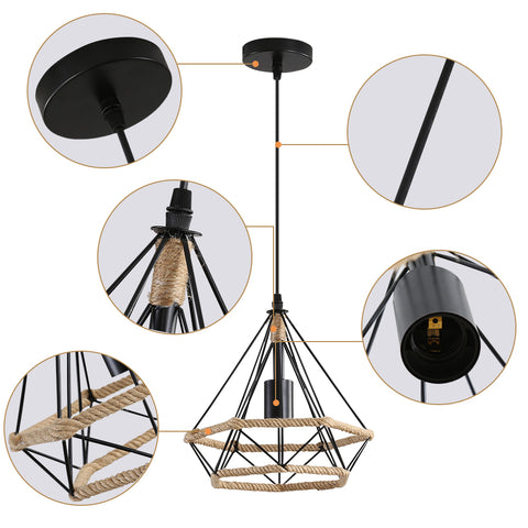 Hanfseil-Käfig-Deckenlampe, industrieller hängender Kronleuchter 25cm Diamant-Form-Hanf-Seil