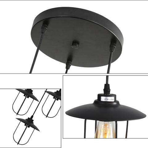 Industrie Kronleuchter, Vintage 3-flammige Pendelleuchte im Industrial Design, Retro Hängelampe mit 3 Metallkäfigen, Farbe: Schwarz, Fassung: E27, 3-flammig