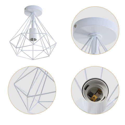 Vintage Industrial Deckenleuchte Diamantform Metallkäfig Retro Deckenlampenschirm Pendelleuchte für Esszimmer Bar Schlafzimmer,25cm (Weiß)