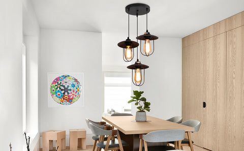 Industrie Kronleuchter, Vintage 3-flammige Pendelleuchte im Industrial Design, Retro Hängelampe mit 3 Metallkäfigen, Farbe: Schwarz, Fassung: E27, 3-flammig