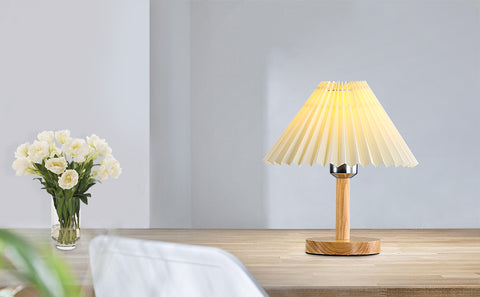 Schreibtischlampe, E27-Plissee-Tischlampe aus Holz, kreatives Mini-Stimmungslicht für Schlafzimmer