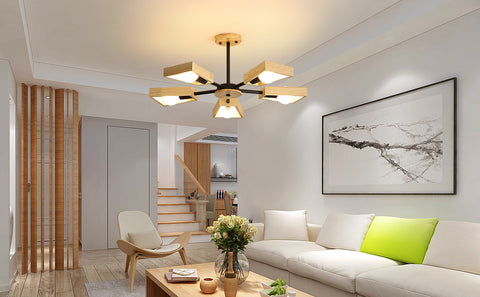 Holz-Pendelleuchte, Wohnzimmer-Kronleuchter-Lampen-Befestigung für Innenbeleuchtung, Holz-Fünf-Lichter, geometrische Pendelleuchten für 5 E27-Glühbirnen (ohne Glühbirne) 