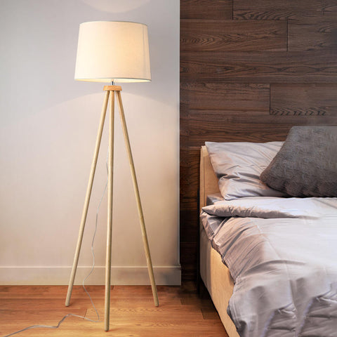 Stativ-Stehlampe aus Holz, LED-Stehlampe mit Fußschalter, Vintage-Stehlampe, Stehlampe mit E27-Glühbirne und Leinenschirm für Wohnzimmer, Schlafzimmer