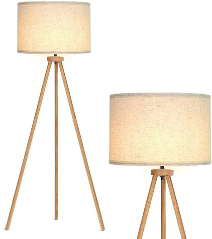 Stativ-Stehlampe aus Holz, LED-Stehlampe mit Fußschalter, Vintage-Stehlampe, Stehlampe mit E27-Glühbirne und Leinenschirm für Wohnzimmer, Schlafzimmer