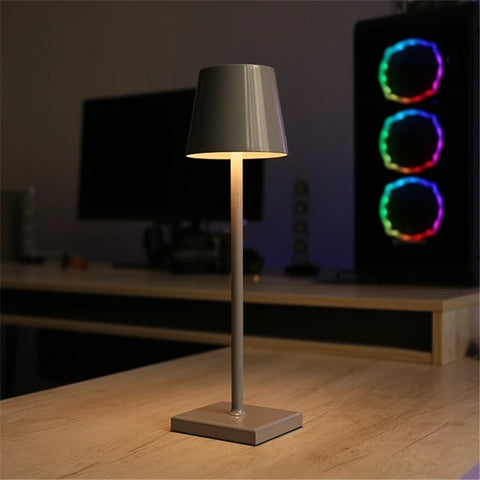 Tragbare wiederaufladbare Tischlampe, moderne Nachttischlampe, Warmweiß 3000 K, für Esszimmer, Schlafzimmer, Camping, Balkon im Freien, Grau