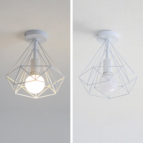 Vintage Industrial Deckenleuchte Diamantform Metallkäfig Retro Deckenlampenschirm Pendelleuchte für Esszimmer Bar Schlafzimmer,25cm (Weiß)