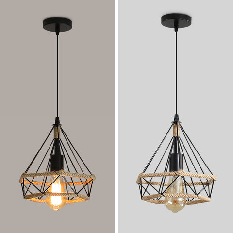 Hanfseil-Käfig-Deckenlampe, industrieller hängender Kronleuchter 25cm Diamant-Form-Hanf-Seil