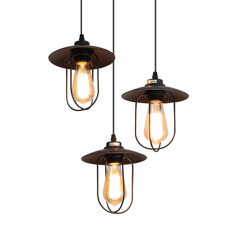 Industrie Kronleuchter, Vintage 3-flammige Pendelleuchte im Industrial Design, Retro Hängelampe mit 3 Metallkäfigen, Farbe: Schwarz, Fassung: E27, 3-flammig